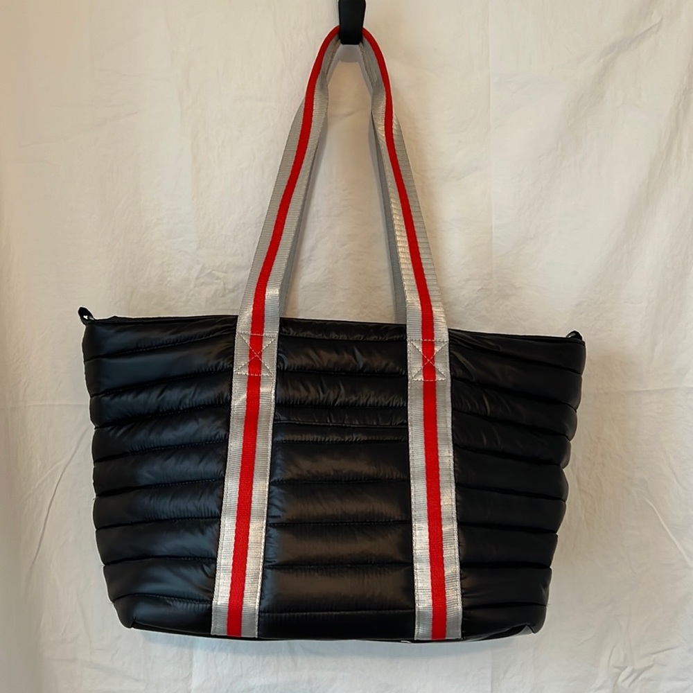 Think Royln black quilted tote bag with red & silver straps, never used